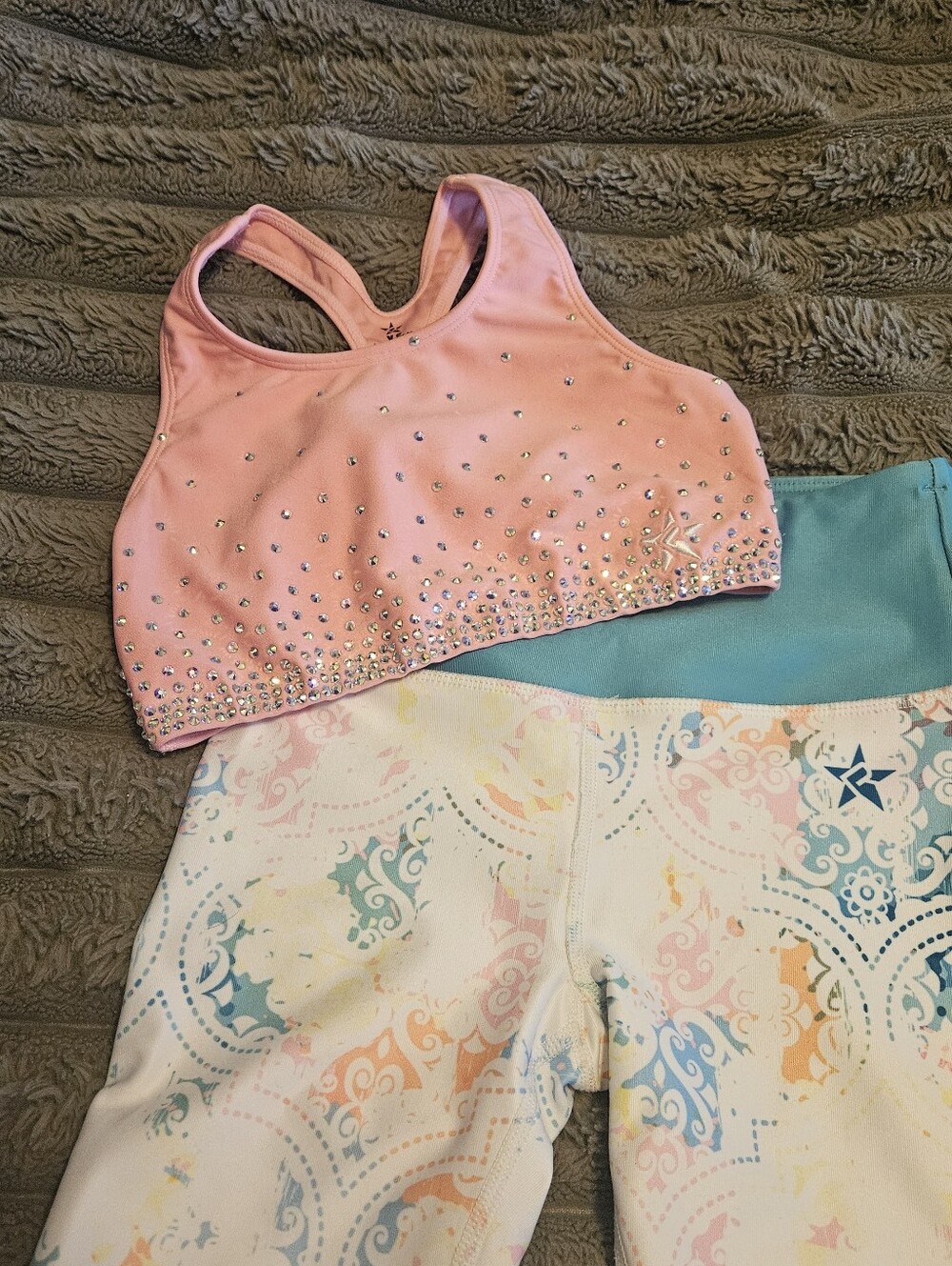 Pink Rhinestone Crop Sports Bra and Pastel Patterned Leggings Set